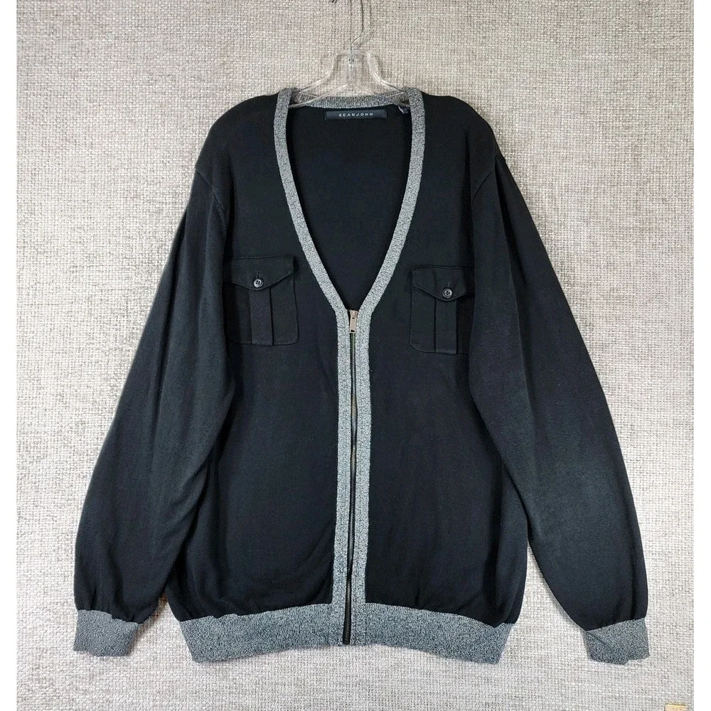 Sean John Zip‎ Cardigan Sweater Mens 3XL Black V-Neck Knit Cotton Pockets